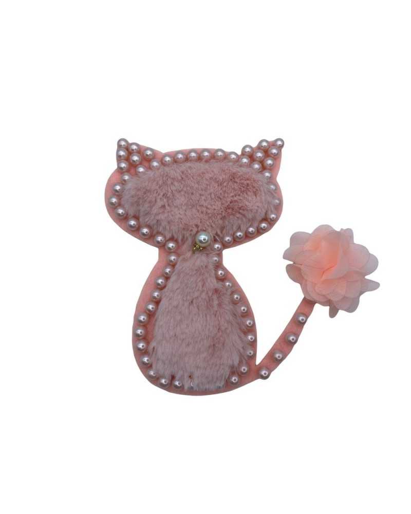 Applicazione Gatto Panno Lenci Pelliccia Rosa Perle Bottone Gioiello Fiore Tessuto Alto 16x11 Cm