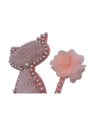Applicazione Gatto Panno Lenci Pelliccia Rosa Perle Bottone Gioiello Fiore Tessuto Alto 16x11 Cm
