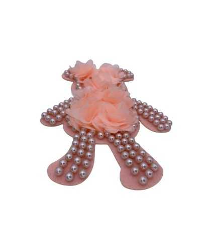 Pink Bear Application Pearls Studded Fabric Flowers High 20x15 Cm
