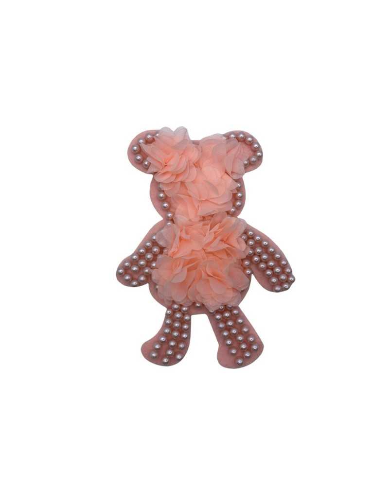 Ours Rose Application Perles Tissu Clouté Fleurs Haut 20x15 Cm