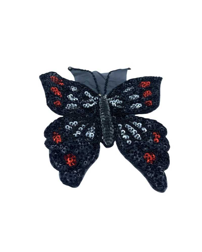 Application Coudre Gros Papillon Ecusson Brodé Perles Strass Paillettes Turquoise Noir 25x25 Cm