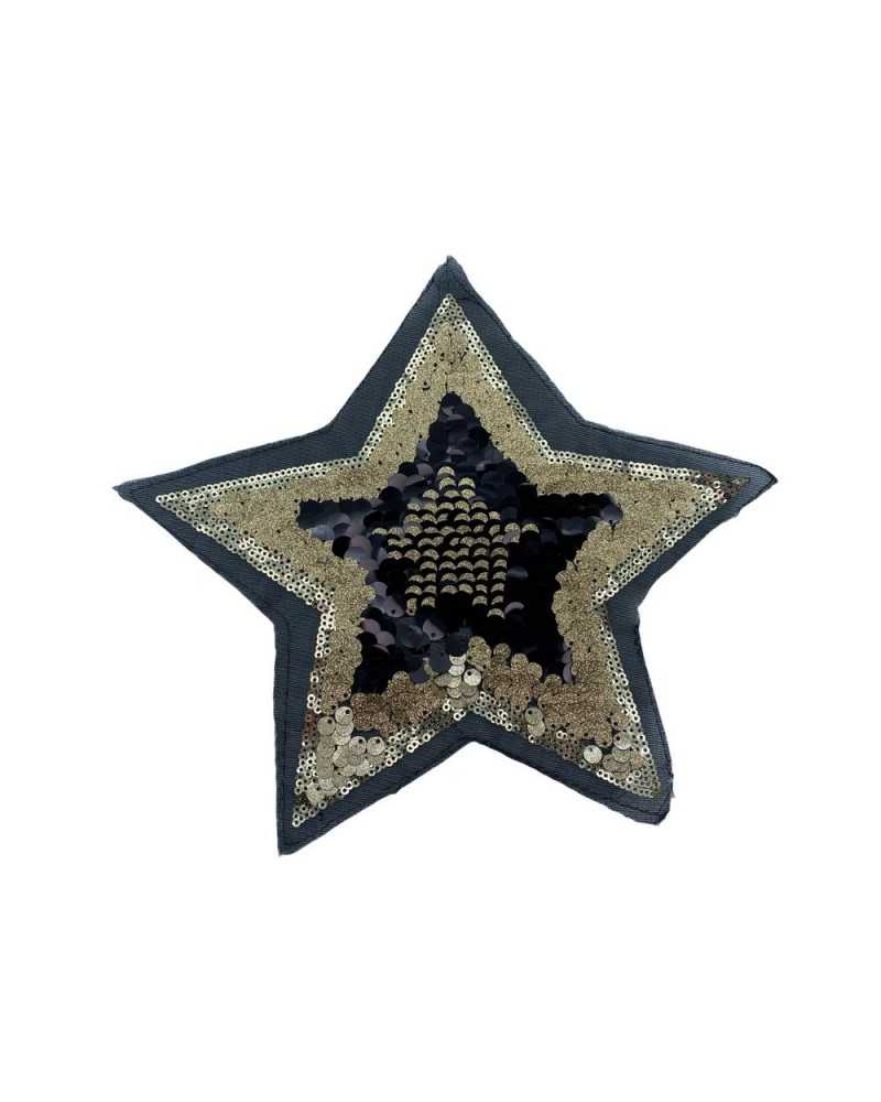 Application Etoile Paillettes Base Tulle Noir Or 23x23 Cm