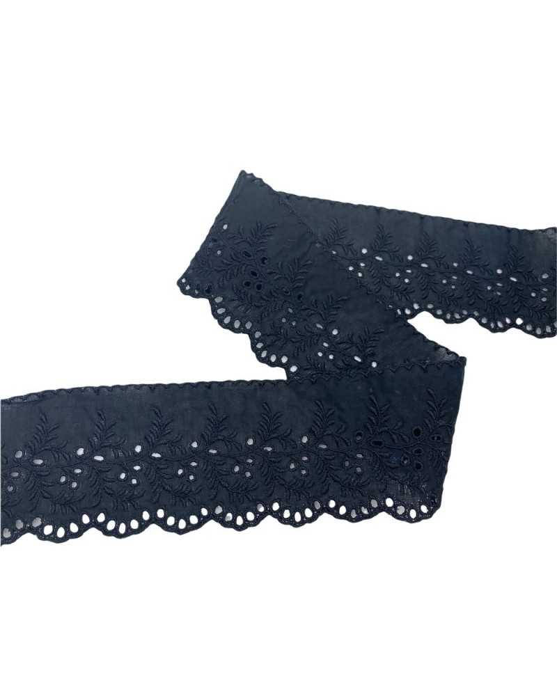 Pasamanería Puntilla Sangallo Algodón Negro Bordado Flor Hoja Punta Festoneada Alto 7 Cm