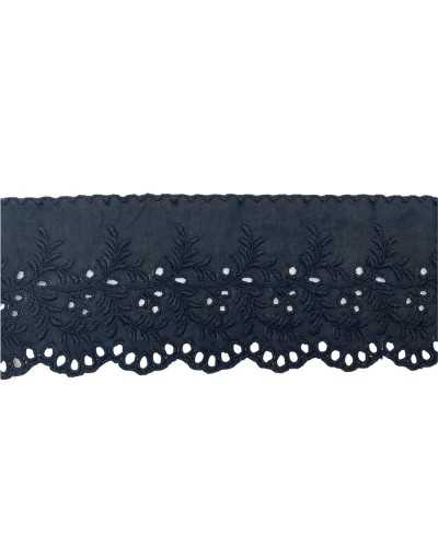 Pasamanería Puntilla Sangallo Algodón Negro Bordado Flor Hoja Punta Festoneada Alto 7 Cm