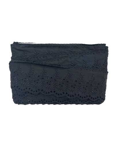 Pasamanería Puntilla Sangallo Algodón Negro Bordado Flor Hoja Punta Festoneada Alto 7 Cm