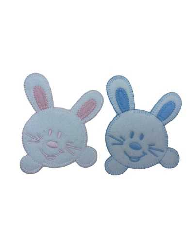 Ecusson Thermocollant Bébé Lapin Tête Souriante Brodé Effet Velours 9x10 cm