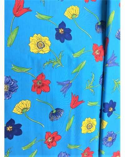 Printed cotton fabric for upholstery large colorful flowers turquoise base 280 cm high