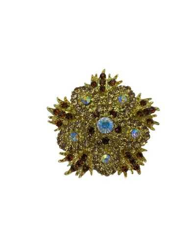 Broche Joya Metal Modelo Flor Oro Strass Piedras Alto 6 Cm
