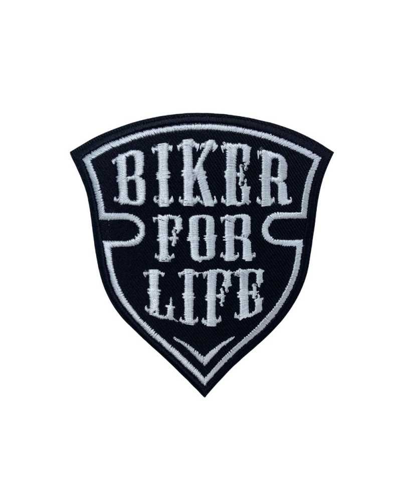 Broderie blanche d'emblème d'application de pièce rapportée thermoadhésive de moto noire écrite 85x90 millimètre