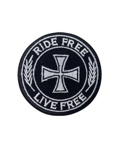 Aplicación Parche Termoadhesivo Moto Negra Emblema Bordado Cruz Blanca Escrito 7 Cm