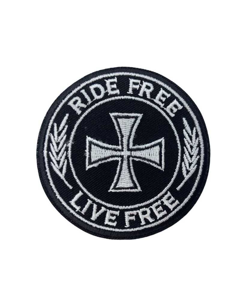 Schwarzer Motorrad-Aufnäher zum Aufbügeln, Emblem, Stickerei, weißes Kreuz, 7 cm