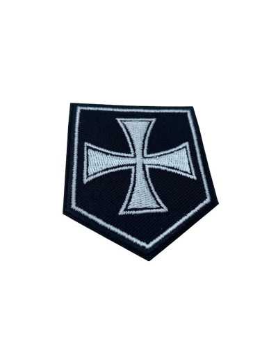 Schwarzer Motorrad-Aufnäher zum Aufbügeln, Emblem, weißes Kreuz, Stickerei, 5 x 6 cm