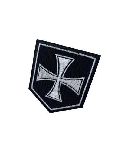 Schwarzer Motorrad-Aufnäher zum Aufbügeln, Emblem, weißes Kreuz, Stickerei, 5 x 6 cm