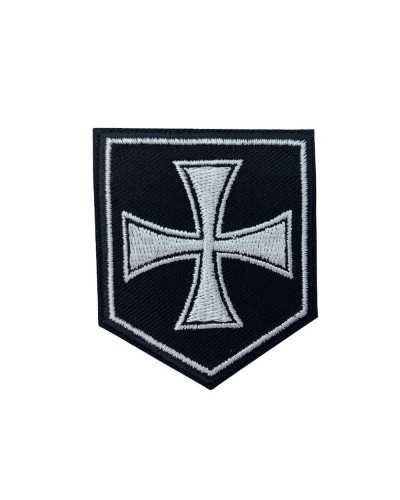 Schwarzer Motorrad-Aufnäher zum Aufbügeln, Emblem, weißes Kreuz, Stickerei, 5 x 6 cm