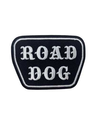 Schwarze Motorrad-Aufnäher zum Aufbügeln mit weißer Stickerei „ROAD DOG“ 8x6 cm