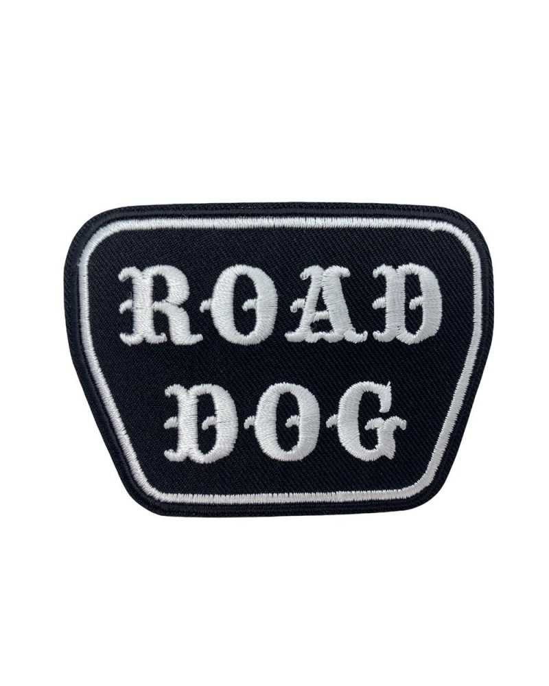 Application Ecusson Thermocollant Moto Noir avec Broderie Blanche ROAD DOG Ecrit 8x6 Cm
