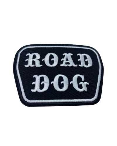Schwarze Motorrad-Aufnäher zum Aufbügeln mit weißer Stickerei „ROAD DOG“ 8x6 cm