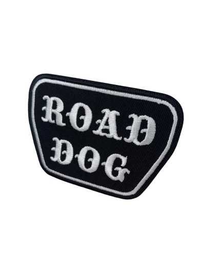 Schwarze Motorrad-Aufnäher zum Aufbügeln mit weißer Stickerei „ROAD DOG“ 8x6 cm