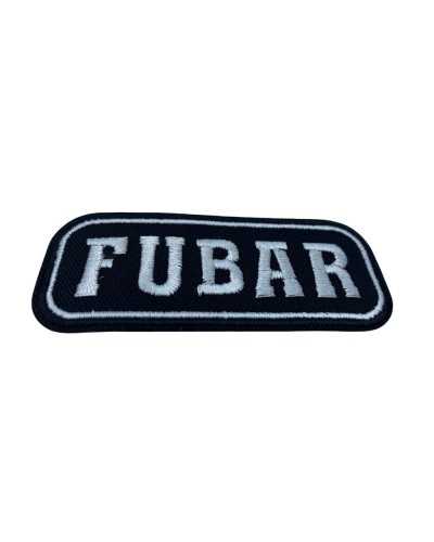 Black Motorcycle Thermoadhesive Patch Application White Embroidery FUBAR Written 8x3 Cm