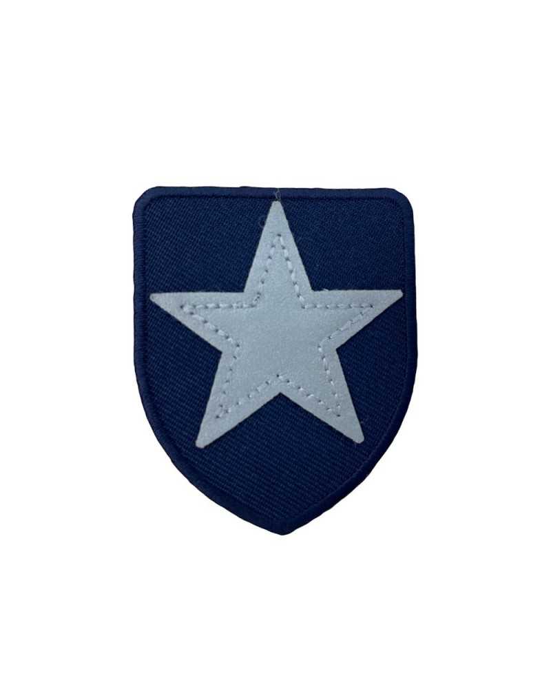 Aufnäher zum Aufbügeln, Stoff, Stickerei, Sternschild, Silber, 45 x 55 mm