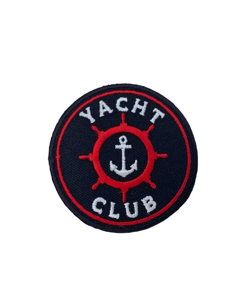 Round Black Application White Written Embroidery Yacht Club Red Rudder Anchor 6x6 Cm