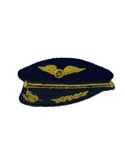 Application Patch Ecusson Thermocollant Tissu Broderie Pilote Chapeau Avion Bleu Ailes Jaune 5x3 Cm