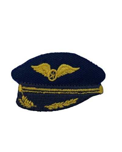 Aufnäher zum Aufbügeln, Stoff, Stickerei, Pilotenhut, Flugzeug, blaue Flügel, gelb, 5 x 3 cm
