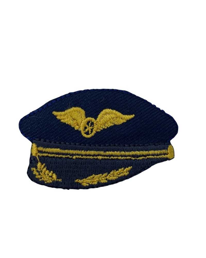 Application Patch Ecusson Thermocollant Tissu Broderie Pilote Chapeau Avion Bleu Ailes Jaune 5x3 Cm