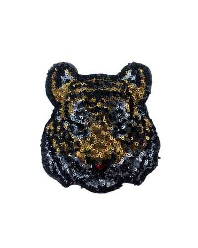 Applikationspatch zum Aufbügeln, bestickter Tigerkopf, Mikro-Pailletten, 85 x 90 mm
