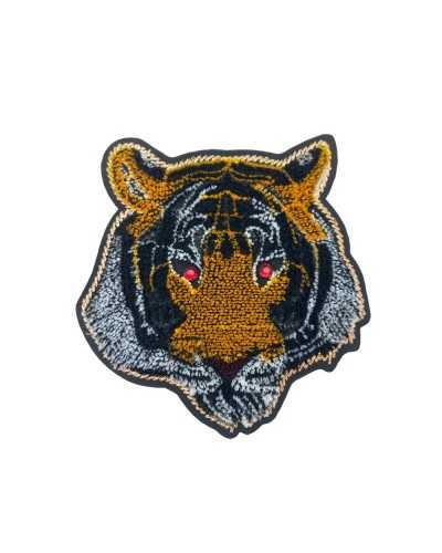 Application Patch Embroidered Iron-on Velvet Tiger Head Eye Rhinestones Red 15x13 Cm