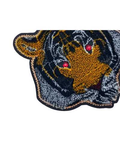 Applicazione Toppa Patch Termoadesiva Testa Tigre Occhi Strass Rossi Velluto 8x8 Cm