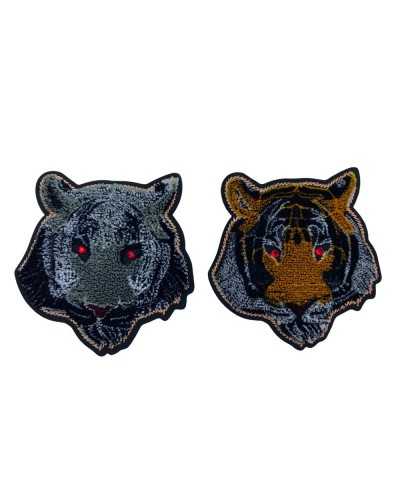 Application Patch Iron-on Patch Tiger Head Eyes Red Rhinestones Velvet 8x8 Cm
