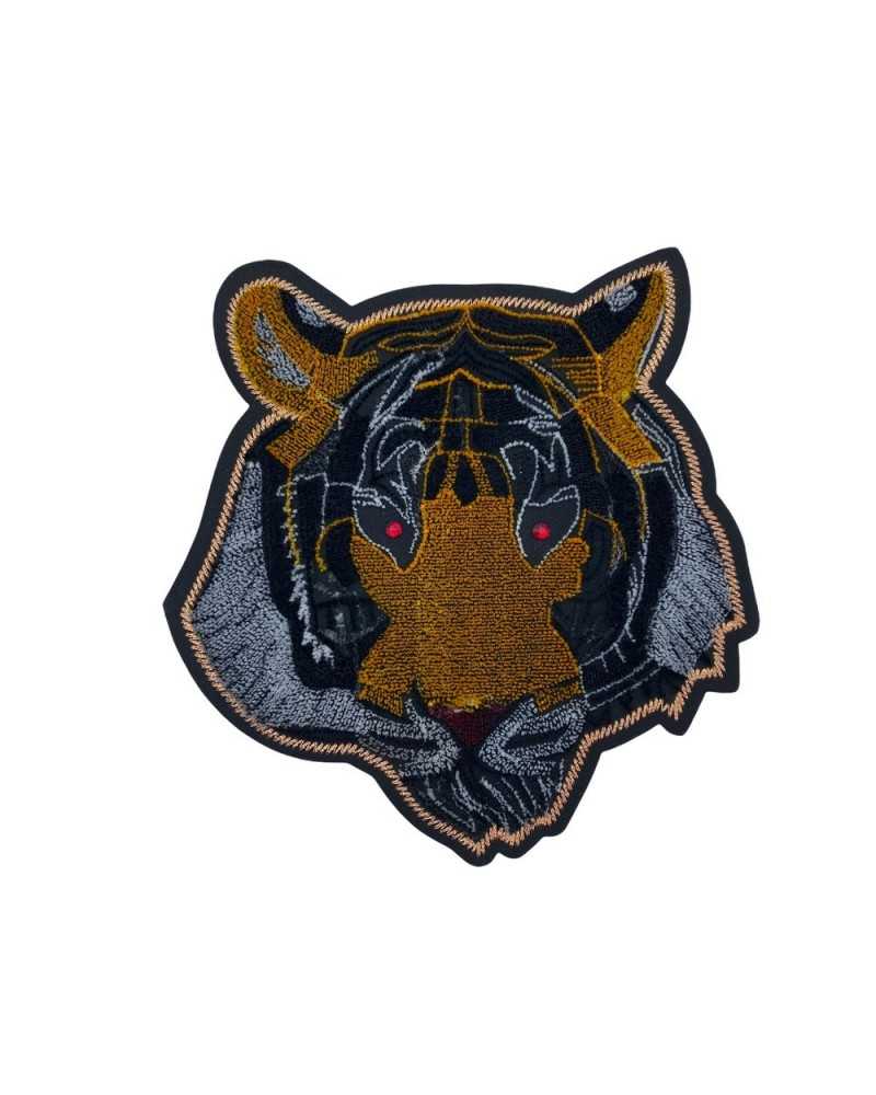 Application Patch Iron-on Patch Tiger Head Eyes Red Rhinestones Velvet 8x8 Cm