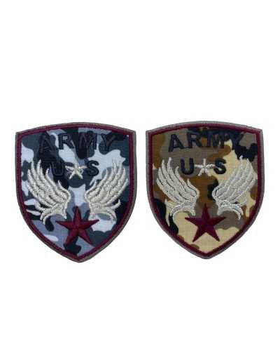 Aplicación Parche Termoadhesivo Tela Camuflaje Militar Bordado ARMY Star Wings Plata Lurex 55x65 Mm