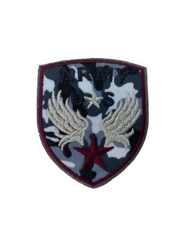 Aplicación Parche Termoadhesivo Tela Camuflaje Militar Bordado ARMY Star Wings Plata Lurex 55x65 Mm