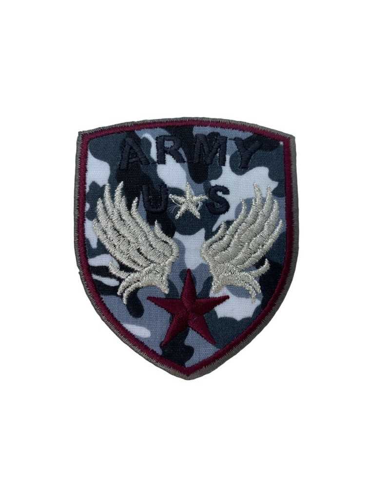 Application Écusson Thermocollant Tissu Camouflage Militaire Broderie ARMY Star Wings Argent Lurex 55x65 Mm