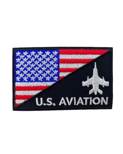 Applikations-Patch, schwarz, zum Aufbügeln, Amerika-Flagge, Stickerei, Aufschrift „Us Aviation“, 8 x 5 cm