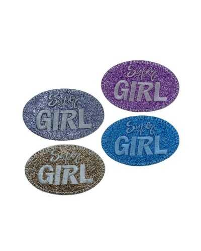 Application Iron-on Patch Glitter Embroidery Super Girl Written 70x45 Mm