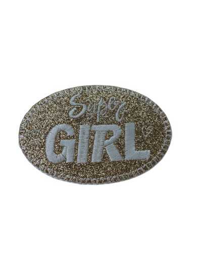 Anwendung Aufnäher zum Aufbügeln, glitzernde Stickerei, Aufschrift „Super Girl“, 70 x 45 mm