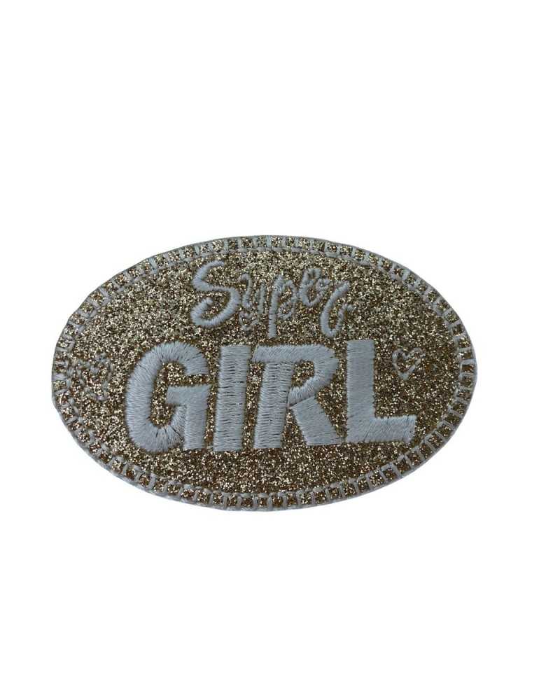 Anwendung Aufnäher zum Aufbügeln, glitzernde Stickerei, Aufschrift „Super Girl“, 70 x 45 mm
