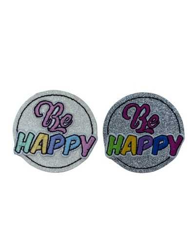 BE HAPPY Glitzer-Aufnäher zum Aufbügeln, runde Stickerei, 5 x 5 cm