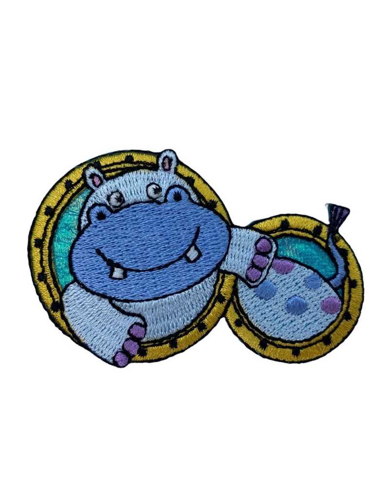 Applicazione Termoadesiva Patch Ricamo Ippopotamo Celeste 7x4 Cm