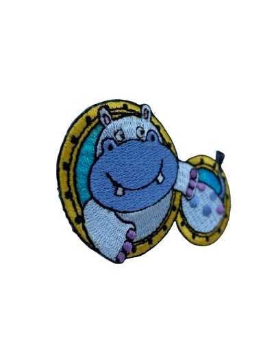 Applicazione Termoadesiva Patch Ricamo Ippopotamo Celeste 7x4 Cm