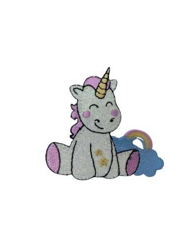 Anwendung: Aufnäher zum Aufbügeln, Einhorn, glitzernd, Regenbogen-Stickerei, 70 x 65 mm