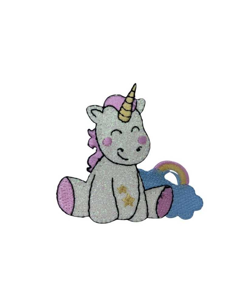 Anwendung: Aufnäher zum Aufbügeln, Einhorn, glitzernd, Regenbogen-Stickerei, 70 x 65 mm