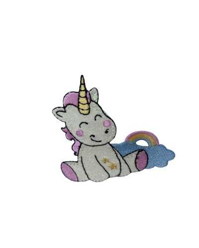 Applicazione Toppa Patch Termoadesiva Ricamo Unicorno Glitter Arcobaleno 70x65 Mm