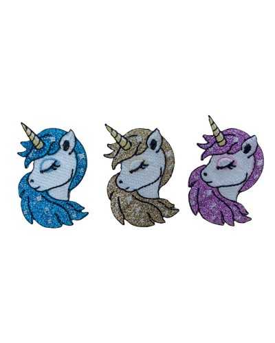 Anwendung: Aufnäher zum Aufbügeln, Baby-Motiv, bestickt, glitzernder Einhornkopf, 65 x 40 mm