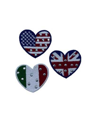 Aplicación Parche Termoadhesivo Plata Strass Corazón Bordado Bandera 35x30 Mm