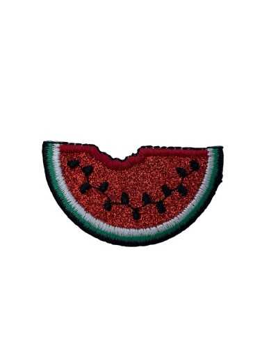 Application Ecusson Thermocollant Fruits Lurex Fil Broderie Pastèque Rouge Paillettes 5x3 Cm