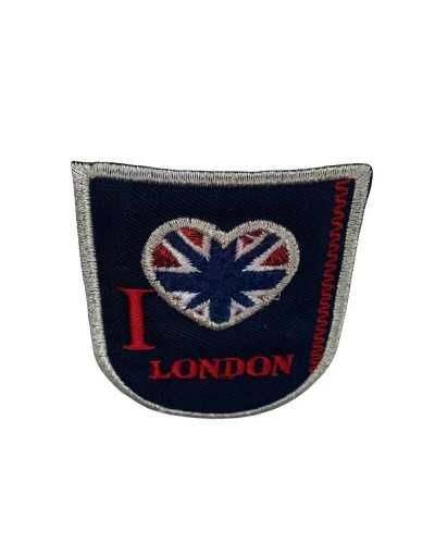Application Thermoadhésive Bouclier Blason Écrit Bleu Londres Broderie Argent Lurex 60x65 Mm